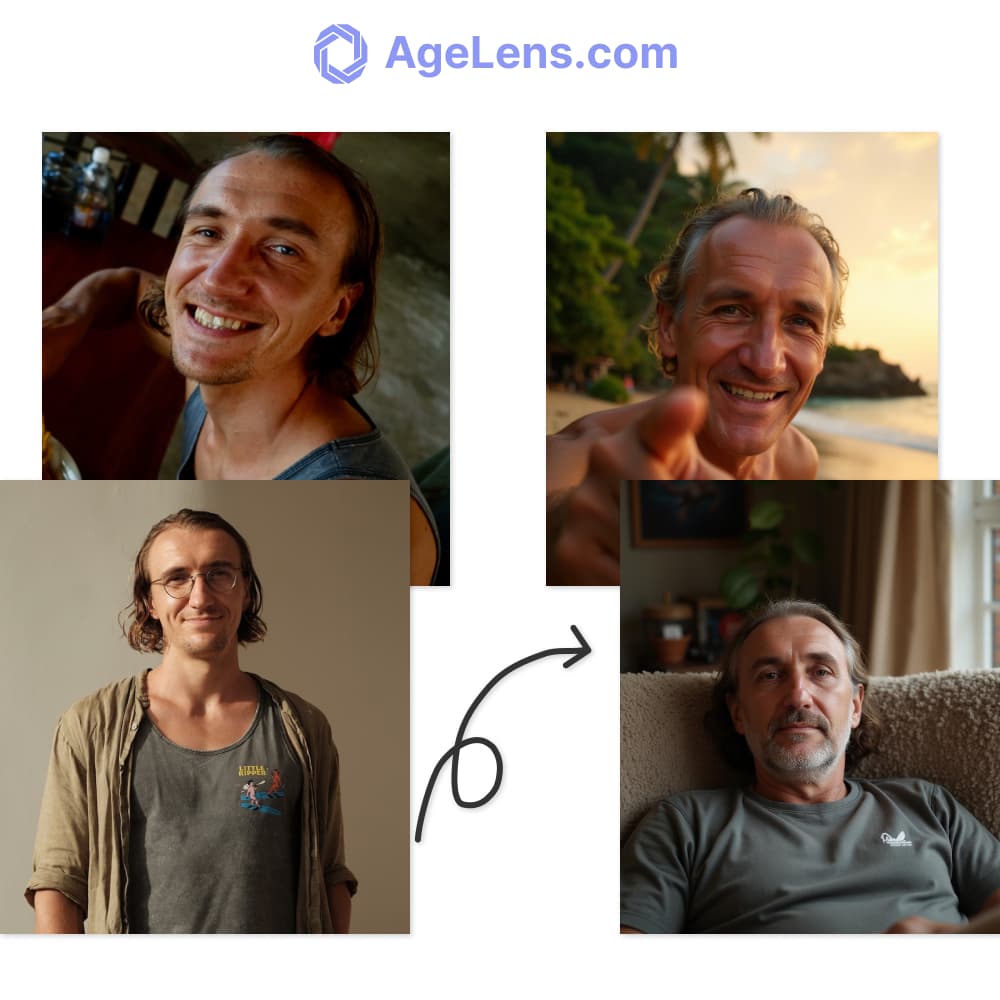 Realistic Aging example applied to a man on with AgeLens AI technology