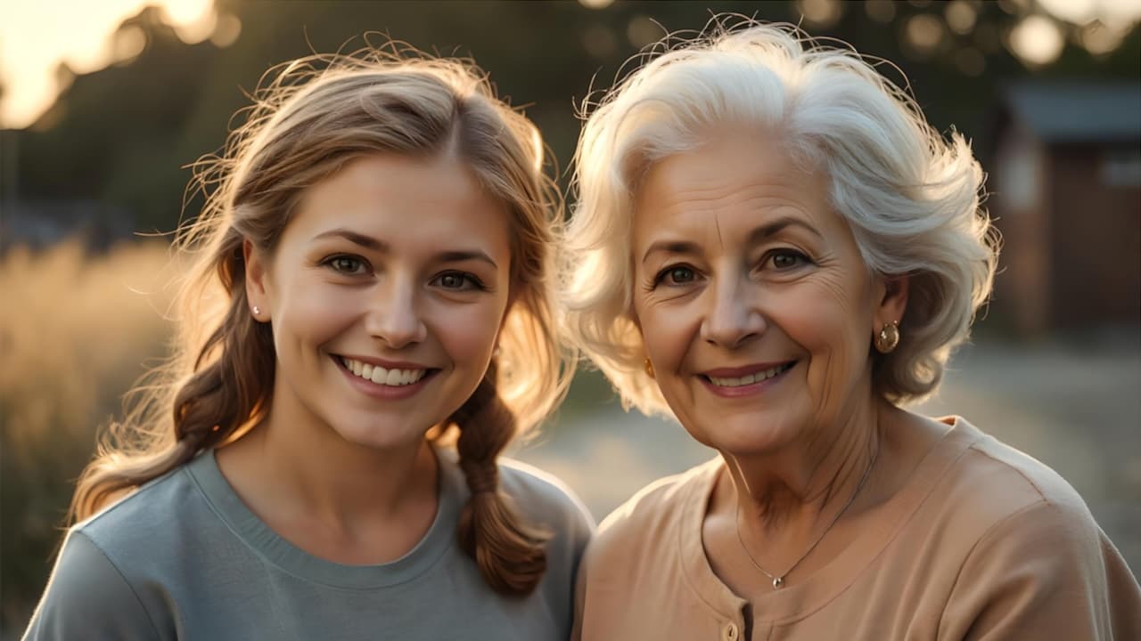 A young girl and her future self aged using AI age progression filter using AgeLens app