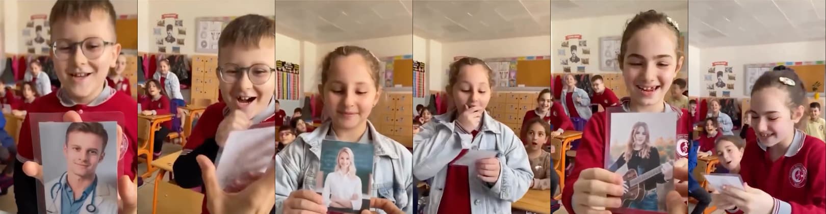 School children reacting to their age-progressed images when they grow up and become their dream selves